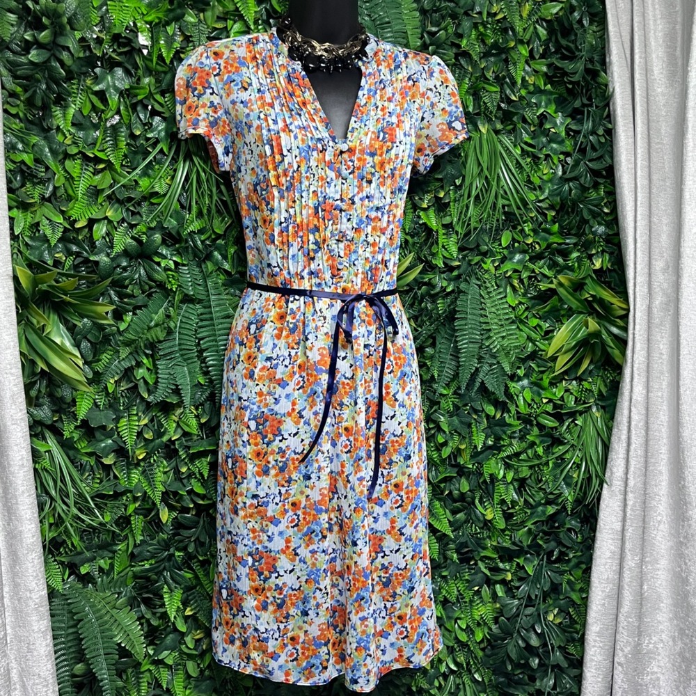 MSK Dress Size 6 Floral Print Blue Orange Pleated Midi with Tie Belt 3016‎ - Picture 3 of 9